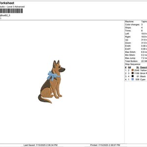 May include: An embroidered design of a German Shepherd dog in shades of brown, black, and yellow, wearing a light blue bow. The dog is in a seated position. The design is 2.51 inches high and 1.57 inches wide.
