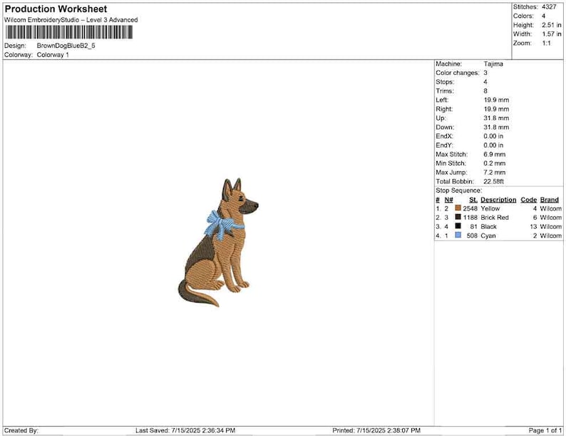 May include: An embroidered design of a German Shepherd dog in shades of brown, black, and yellow, wearing a light blue bow. The dog is in a seated position. The design is 2.51 inches high and 1.57 inches wide.