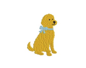 Diseños de bordado Goldendoodle: Archivo de bordado a máquina de perro Goldendoodle rizado, diseño de cachorro con lazo (descarga digital)