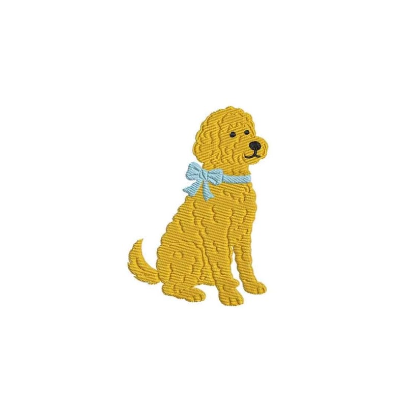 Goldendoodle Embroidery Designs: Curly Golden Doodle Dog Machine Embroidery File Puppy with Bow Embroidery Design (Digital Download) image 1