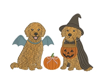 Halloween-Goldendoodle-Stickmuster – Hexe und Fledermaushund (Maschinendatei)