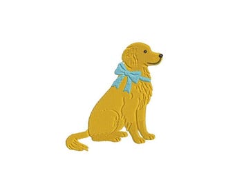 Diseño de bordado de Golden Retriever: Perro con lazo. Archivo de bordado a máquina. Archivo de bordado de perro (DST, PES, JEF, más). Descarga digital.