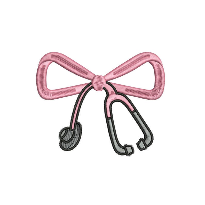 May include: Pink bow with a stethoscope in the center. The stethoscope is gray.