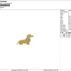 May include: An embroidered dachshund dog with a blue bow. The design is in shades of yellow, black, and blue. The image is a production worksheet for embroidery, with technical details including dimensions of 1.26 inches high and 2.00 inches wide.