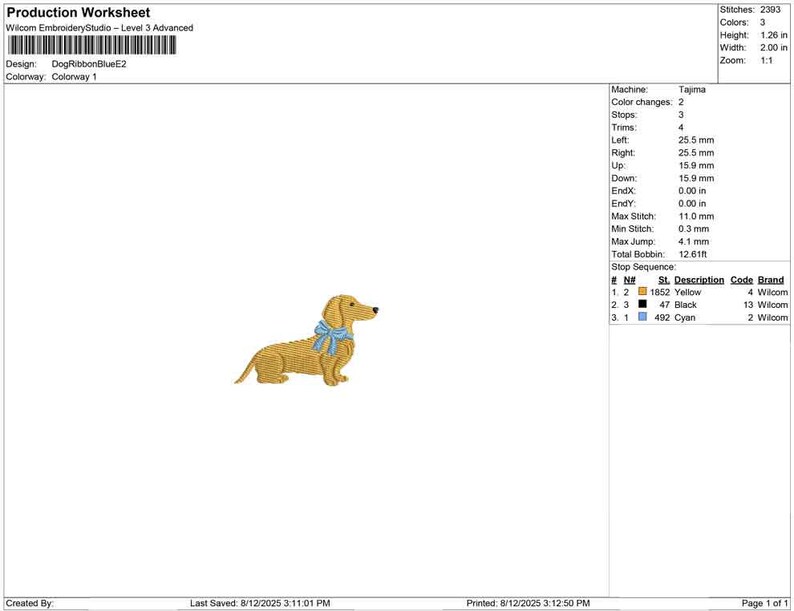 May include: An embroidered dachshund dog with a blue bow. The design is in shades of yellow, black, and blue. The image is a production worksheet for embroidery, with technical details including dimensions of 1.26 inches high and 2.00 inches wide.