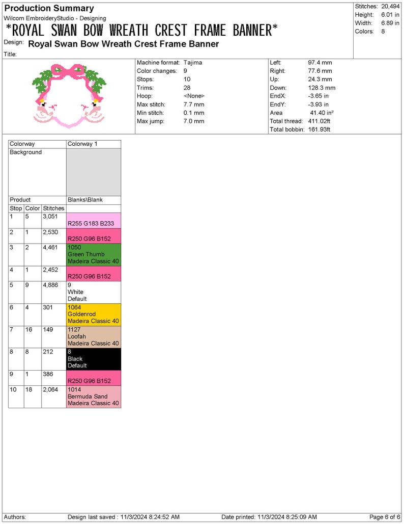 May include: A digital embroidery design for a banner featuring a royal swan with a bow, a wreath, and a crest frame. The design is 6.01 inches tall and 6.89 inches wide and uses 8 colors. The design is for a Tajima embroidery machine.