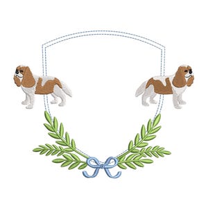 May include: Two white and brown Cavalier King Charles Spaniels are facing opposite directions on either side of a blue shield with a green wreath and a blue bow at the bottom.