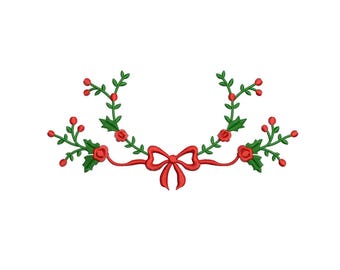 May include: A festive embroidered design featuring green sprigs with red berries and roses, accented by green holly leaves and a red ribbon bow. The design is perfect for holiday-themed crafts and decorations.