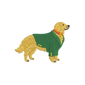 May include: An embroidered image of a golden retriever wearing a green jacket with gold buttons and a red collar. The dog is facing right, with its tail slightly raised. The image is on a white background.