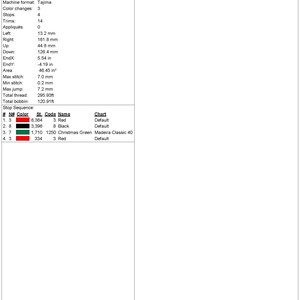 May include: A production worksheet for a machine embroidery design titled "Feeling Merry". The design uses three colors: red, black, and Christmas green. The design is 6.74 inches tall and 6.89 inches wide. It requires 13,806 stitches and 3 color changes.