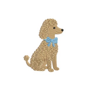 May include: An embroidered design of a seated poodle with a light brown coat and a blue bow tie. The poodle's fur is detailed with a swirling pattern. The dog has a black nose and is set against a white background.