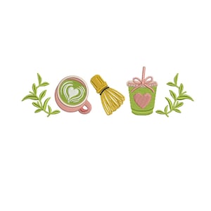 May include: Embroidered design featuring a pink teacup with matcha art, a yellow whisk, and a green drink with a pink heart. Green leaves frame the design. The design is on a white background.