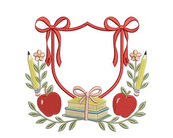 School Graduation Embroidery Design: Apple Book Frame (Digital Download, PES DST Files
