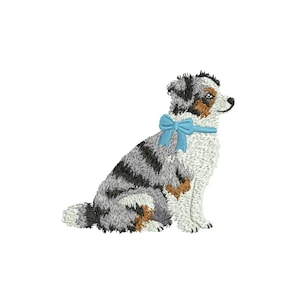 May include: An embroidered image of a dog with a blue bow. The dog is sitting and has a mix of black, gray, brown, and white fur. The dog is facing right, with a detailed design.