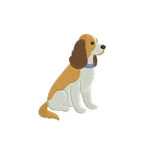 May include: An embroidered design of a seated dog with brown, tan, and white coloring. The dog has floppy ears, a blue collar, and a black nose. The design is on a white background.