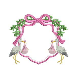 Coquette Wreath Stork Banner Embroidery Crest Frame DST Baby Banner Embroidery Design Gift PES Newborn Machine Embroidery File Floral Crest