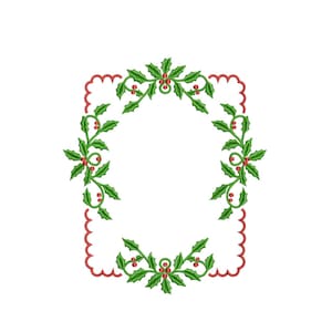 May include: A festive embroidery design featuring a rectangular frame adorned with green holly leaves and red berries. The frame has a scalloped red border, creating a classic holiday motif. The design is set against a white background.