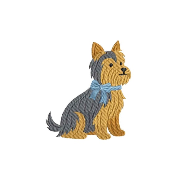 Wzory do haftu Yorkshire Terrier: Plik do haftu Yorkie Dog, Uroczy szczeniak z niebieską kokardką, Plik do haftu maszynowego (pobranie cyfrowe)