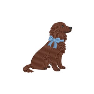 May include: A brown dog embroidery design with a light blue bow around its neck. The dog is sitting, facing right, with detailed fur and a small tail. The design is on a white background.