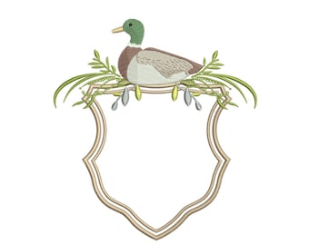 Mallard Duck Embroidery Design Frame, Rustic Monogram Crest Embroidery File, Hunting Duck PES DST Digital Download