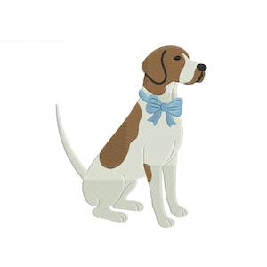 May include: Embroidered image of a seated dog with brown and white markings, wearing a light blue bow tie. The dog has a long tail and is set against a white background. The dog is a Pointer breed.