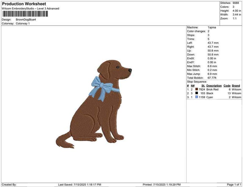Puede incluir: Dise&ntilde;o bordado de un perro marr&oacute;n con un lazo azul claro. El perro est&aacute; sentado, mirando hacia la derecha. El dise&ntilde;o mide 10,16 cm de alto y 8,74 cm de ancho.