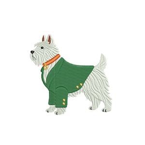 May include: An embroidered image of a white dog wearing a green blazer with gold buttons and an orange collar. The dog is standing on a white background. The image is a detailed illustration.