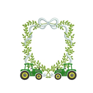 May include: An embroidered design featuring two green tractors with yellow wheels and a leafy frame. A white ribbon and green vines form the top of the frame. The design is on a white background.