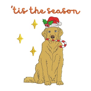 May include: A golden retriever dog wearing a red Santa hat with white trim and holding a candy cane in its mouth. The text 'tis the season is above the dog. There are three gold stars in the background.