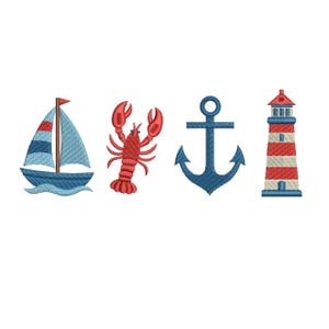 May include: Embroidered nautical designs on a white background. Features a sailboat with blue and red details, a red lobster, a blue anchor, and a red and white striped lighthouse.