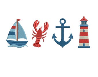 Nautical Icon Embroidery Design: Sailboat, Lobster, Anchor, Lighthouse (Digital Download)