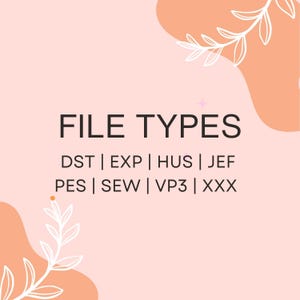Puede incluir: Gr&aacute;fico digital con las palabras "FILE TYPES" en negro, con una lista de extensiones de archivo debajo. El fondo es de color melocot&oacute;n claro con formas florales blancas y formas abstractas melocot&oacute;n.