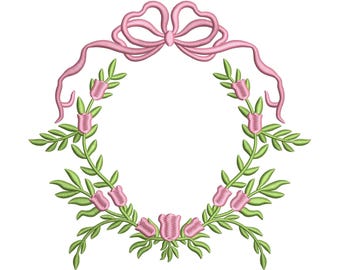 Floral Leaf Bow Banner Embroidery Design Crest Frame Newborn Baby Banner Machine Embroidery File PES Grandmillennial Coquette Wedding Banner