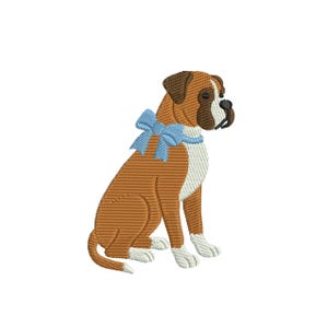 May include: An embroidered design of a Boxer dog in shades of brown, white, and black, wearing a light blue bow. The dog is sitting upright with its head turned to the side, showcasing the detailed stitching.