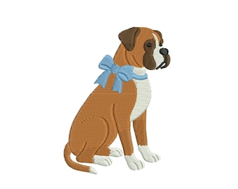 ボクサー犬の刺繍デザイン：首輪をつけた座っている子犬の刺繍機用ファイル（デジタルダウンロード）