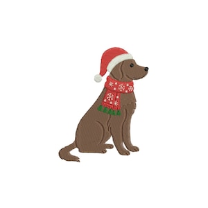 May include: An embroidered brown dog wearing a red Santa hat and a red scarf with white snowflakes and green fringe. The dog is sitting and facing right, with a white background.