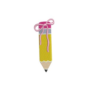 Può includere: Design di matita ricamata con corpo giallo, gomma rosa e fiocco rosa chiaro. La matita ha una sezione superiore grigia e rosa. La punta della matita è beige con punta nera. Questo design è adatto per progetti scolastici o artigianali.