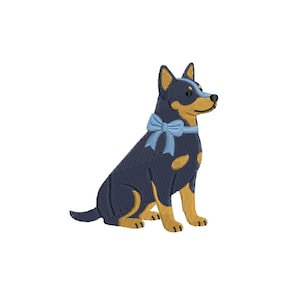 May include: Embroidered image of a dog with a blue bow tie. The dog is primarily navy blue with tan accents on its legs, ears, and snout. The dog is sitting upright with its tail curled.