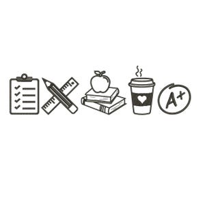 Puede incluir: Ilustración en blanco y negro de línea de arte de una lista de verificación, un lápiz y una regla, una pila de libros con una manzana en la parte superior, una taza de café con un corazón y un círculo con una A+ dentro.