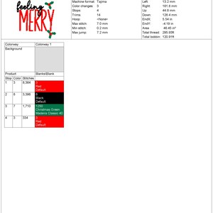 May include: A digital embroidery design for a red, green, and black "Feeling Merry" Christmas design. The design is 6.74 inches tall and 6.89 inches wide. It requires 3 color changes and 13,806 stitches.