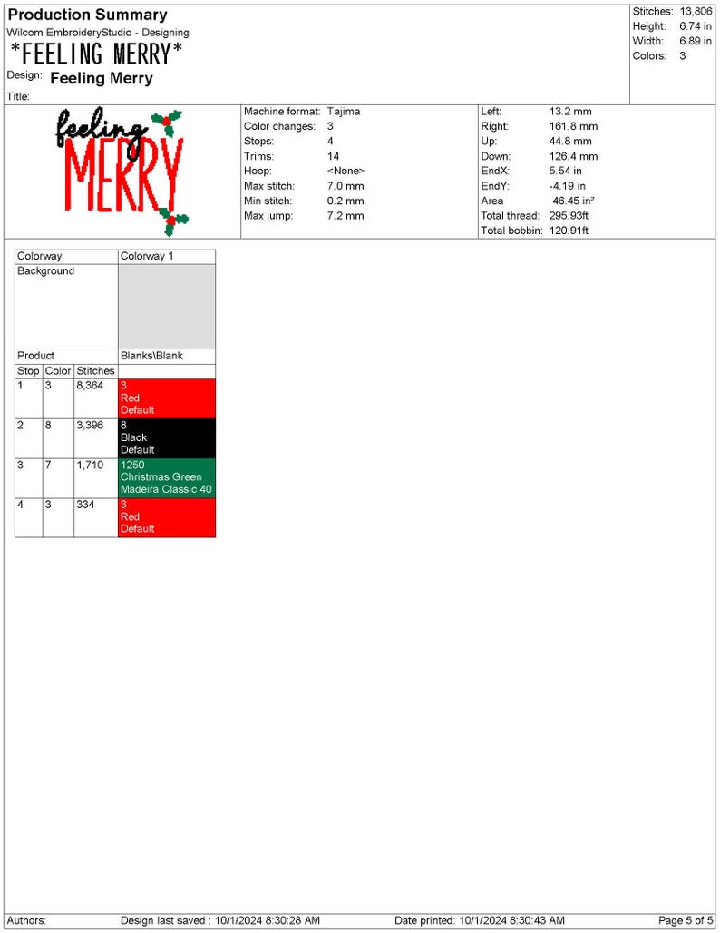 May include: A digital embroidery design for a red, green, and black "Feeling Merry" Christmas design. The design is 6.74 inches tall and 6.89 inches wide. It requires 3 color changes and 13,806 stitches.