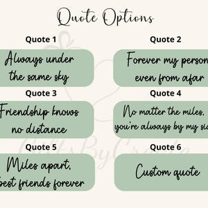 Puede incluir: Gr&aacute;fico digital con las palabras "Quote Options" en la parte superior. Se muestran seis citas en &oacute;valos verdes, incluyendo "Always under the same sky" y "Forever my person, even from afar."