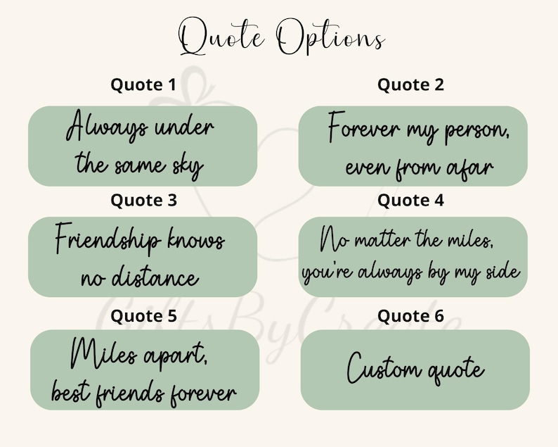 Puede incluir: Gr&aacute;fico digital con las palabras "Quote Options" en la parte superior. Se muestran seis citas en &oacute;valos verdes, incluyendo "Always under the same sky" y "Forever my person, even from afar."