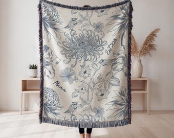 Personalized Floral Blanket for Mom Grandma Nana, Custom Name Date Throw, Mother's Day Gift for Grandma, Botanical Woven Blanket Gift