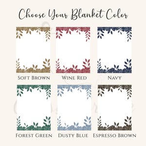 Puede incluir: Imagen con seis dise&ntilde;os rectangulares, cada uno con un borde floral en diferentes colores: marr&oacute;n claro, rojo vino, azul marino, verde bosque, azul polvoriento y marr&oacute;n expreso. El texto "Choose Your Blanket Color" est&aacute; en la parte superior.