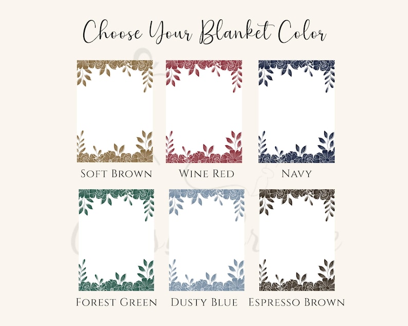 Puede incluir: Imagen con seis dise&ntilde;os rectangulares, cada uno con un borde floral en diferentes colores: marr&oacute;n claro, rojo vino, azul marino, verde bosque, azul polvoriento y marr&oacute;n expreso. El texto "Choose Your Blanket Color" est&aacute; en la parte superior.