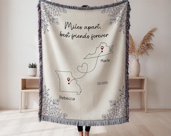 Personalized Long Distance Best Friend Blanket, Custom State to State Friendship Gift, Miles Apart Bestie Gift, Miss You Personalized Gift