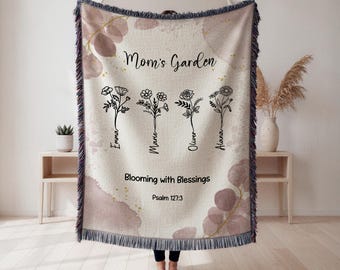 Christian Mom Gift Personalized, Mom Garden Blanket with Kids Names, Bible Verse Blanket, Birth Month Flower Blanket for Mom, Faith Gift