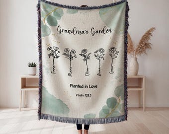 Custom Grandma Blanket Christian Gift, Grandma Garden Blanket with Grandkids Names, Bible Verse Blanket, Birth Flower Blanket Nana Gift
