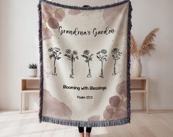 Personalized Grandma Blanket Christian, Custom Nana Mimi Blanket with Names, Bible Verse Blanket, Floral Family Garden Gift for Grandmother